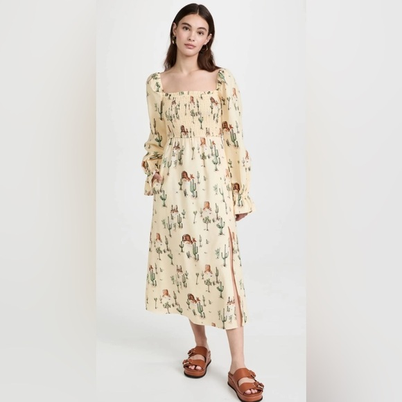 NWOT Jolene Joshua Tree Butter Yellow Print Shirred Western Print Dress - Picture 1 of 12